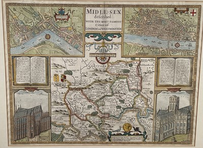 Lot 175 - John Speed (1552-1629) 17th century hand-coloured engraved map - 'Midlesex described with the most Famous Cities of London and Westminster', 'described by John Norden, augmeted by J. Speed, sold...