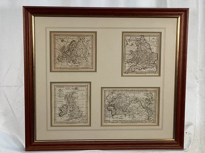 Lot 176 - Emanuel Bowen hand coloured engraved map - 'An Accurate Map of Devonshire', 40cm x 49cm, in glazed frame together with four small maps of Europe and The World framed toge...