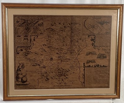 Lot 177 - John Speede engraved map - 'Hartfordshire Described, The sittuations of Hartford and the most ancient towne S Albons with such memorable actions as have happened', sold by John Sudbury and Georg...