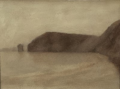 Lot 187 - Manner of Roger De La Corbier oil on card - Study of a beach and cliffs, 26 x 34cm, in glazed frame