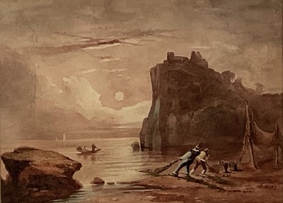 Lot 188 - Manner of Barker of Bath watercolour - Hauling in Fishing Nets, a castle atop a cliff beyond, 23cm x 32cm, in glazed frame