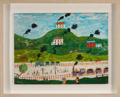 Lot 1383 - *Simeon Stafford (b. 1956) oil on board - Landscape with trains, signed and dated 04.2.2, 45cm x 60cm, in box frame
