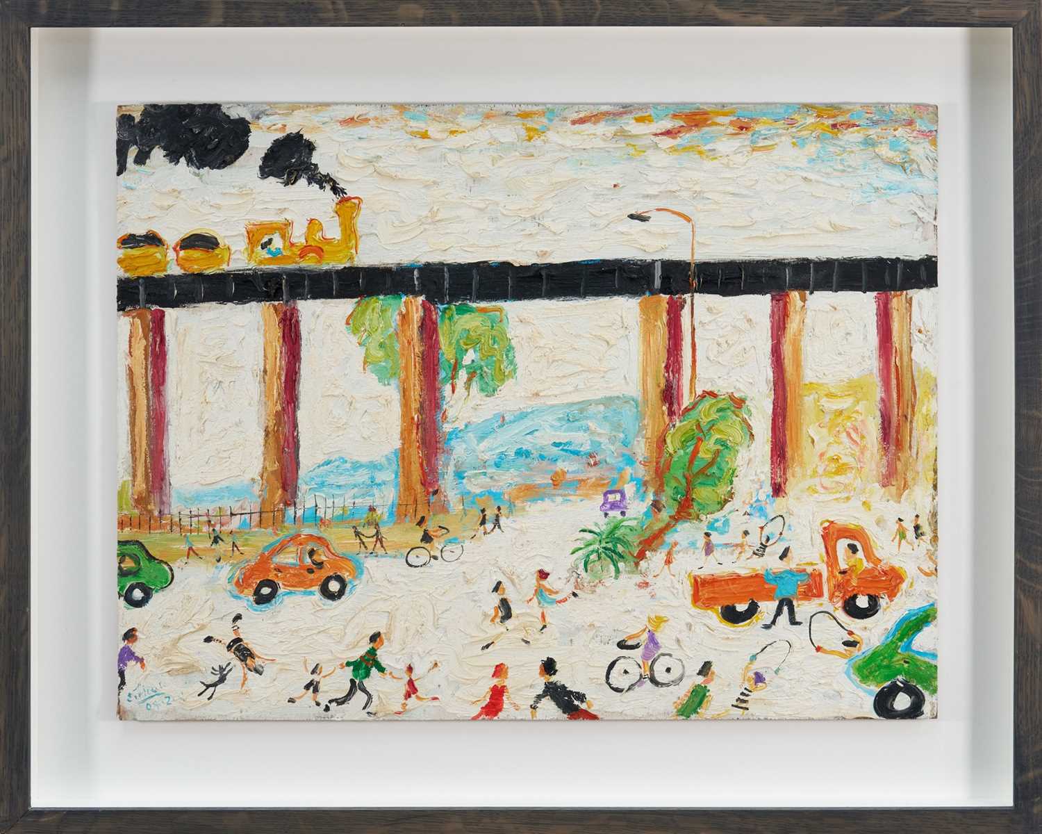 Lot 157 - *Simeon Stafford (b. 1956) oil on board - Landscape with figures and bridge, signed and dated indistinctly, 45cm x 60cm, in box frame
