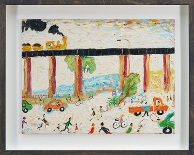 Lot 1382 - *Simeon Stafford (b. 1956) oil on board - Landscape with figures and bridge, signed and dated indistinctly, 45cm x 60cm, in box frame