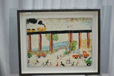 Lot 157 - *Simeon Stafford (b. 1956) oil on board - Landscape with figures and bridge, signed and dated indistinctly, 45cm x 60cm, in box frame