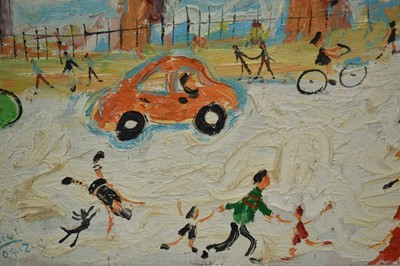 Lot 157 - *Simeon Stafford (b. 1956) oil on board - Landscape with figures and bridge, signed and dated indistinctly, 45cm x 60cm, in box frame