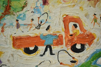 Lot 157 - *Simeon Stafford (b. 1956) oil on board - Landscape with figures and bridge, signed and dated indistinctly, 45cm x 60cm, in box frame