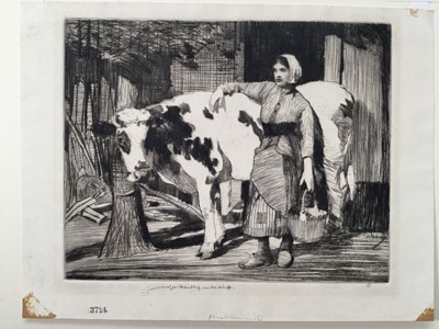 Lot 211 - William Lee Hankey (1869-1952) etching, the milkmaid, the plate 20 x 25cm, together with two further figural etchings by the same hand, all mounted. (3)