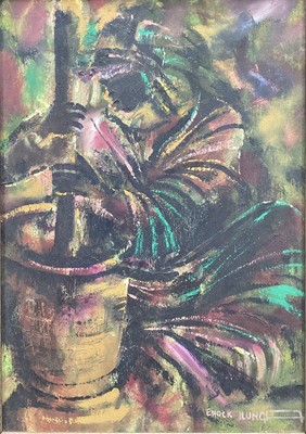Lot 214 - Enoch Elonga (b 1954) acrylic on canvas laid on board, pounding, 47 x 33cm, framed