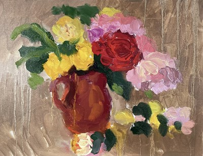 Lot 224 - Annelise Firth (b.1961) oil on canvas - 'Roses' still life, signed titled and dated 2024 verso, 35cm x 46cm, unframed