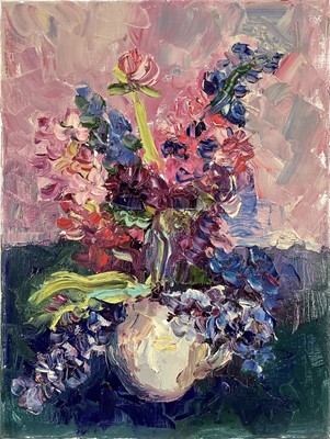 Lot 225 - Annelise Firth (b.1961) oil on canvas - 'Pink and Blue Hyacinths', signed titled and dated 2024 verso, 40cm x 30cm, unframed