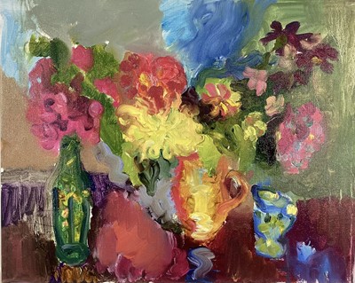 Lot 226 - Annelise Firth (b.1961) oil on canvas - 'Dahlia', signed titled and dated 2024 verso, 40cm x 50cm, unframed