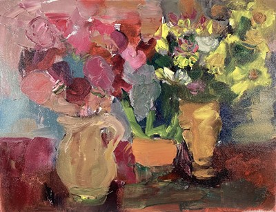 Lot 227 - Annelise Firth (b.1961) oil on canvas - 'Spring Arrangement', signed titled and dated 2024 verso, 35cm x 45cm, unframed