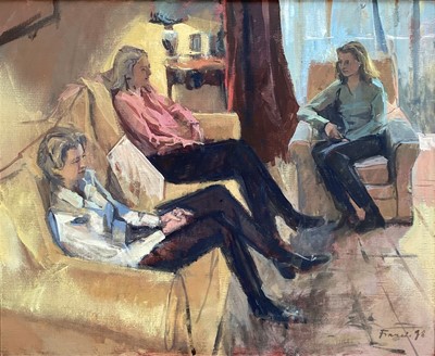 Lot 256 - Continental School 1997, Three seated figures in an interior, oil on canvas, indistinctly signed, in gilt frame. 59 x 72cm.