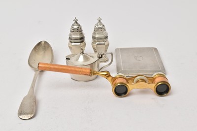 Lot 446 - Pair of silver pepperettes, silver table spoon, opera glasses, mustard pot and cigarette case.