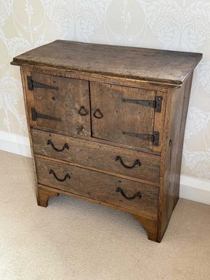Lot 1546 - Arts and crafts rustic oak and iron mounted cabinet