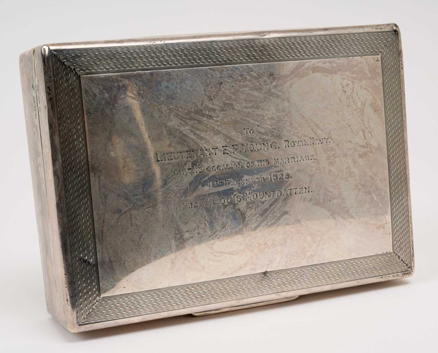 Lot 13 - Admiral Earl Mountbatten of Burma, silver presentation cigarette box inscribed on lid ' To Lieutenant E.P.Young Royal Navy on the occasion of his marriage 11th December 1926 from Louis Mo...