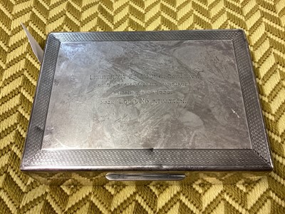 Lot 13 - Admiral Earl Mountbatten of Burma, silver presentation cigarette box inscribed on lid ' To Lieutenant E.P.Young Royal Navy on the occasion of his marriage 11th December 1926 from Louis Mo...
