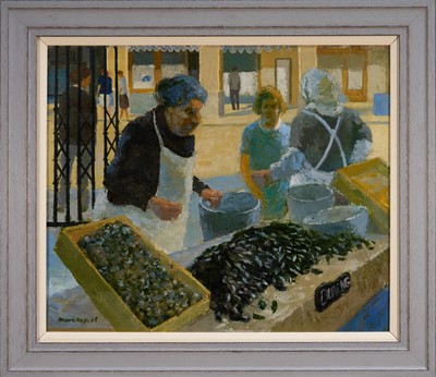 Lot 1410 - Stuart Ray (1916-1985) oil on canvas - Billingsgate Fish Market, signed and dated ‘65, another picture verso, 49cm x 59cm, framed