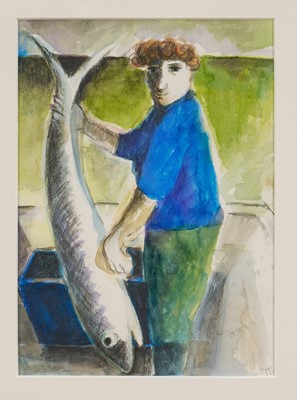 Lot 1162 - *Tessa Newcomb (b. 1955) watercolour - The Catch, initialled, 23cm x 16cm, in glazed frame