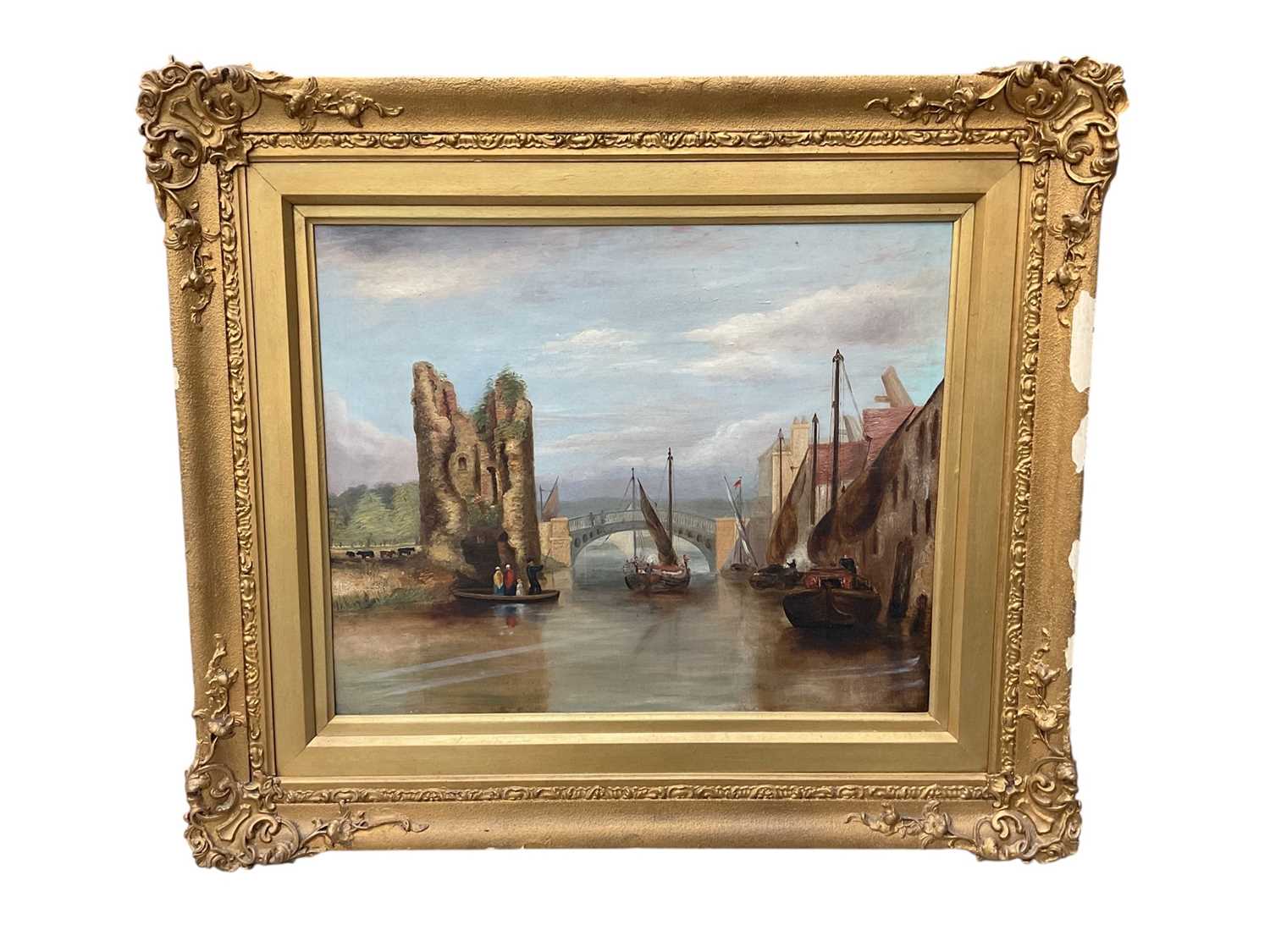Lot 690 - 19th century Norwich School oil on canvas painting of the old Carrow bridge, inscribed and indistinctly signed verso, in gilt frae