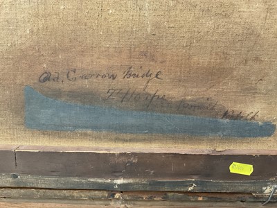 Lot 690 - 19th century Norwich School oil on canvas painting of the old Carrow bridge, inscribed and indistinctly signed verso, in gilt frae