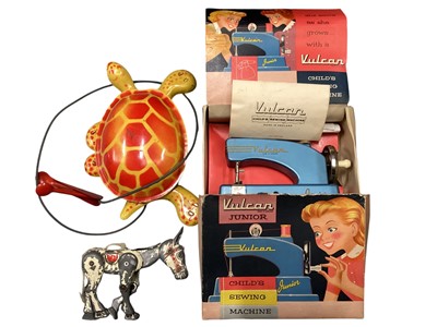 Lot 311 - Vintage tinplate tortoise, Muffin the Mule & Tamborine, together with Subbuteo teams (x3), interchangeable Goalkeepers & accessories, plus Dominoes & Chess pieces