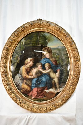 Lot 1430 - After Raphael, 19th century reverse painted oval panel - The Holy Family with Saint Elizabeth and Saint John, 53cm x 45cm, in good oval gilt frame
