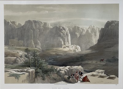 Lot 289 - After David Roberts, pair of coloured prints - Site of Petra and Island of Graia, Gulf of Akabah, 20th century versions, 40cm x 55cm, in glazed gilt frames