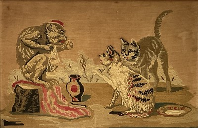 Lot 397 - Pair late 19th century woolwork panels depicting a seated monkey with red cap conversing with two cats