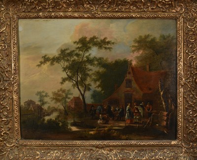 Lot 1311 - Dutch School, late 18th century, oil on oak panel, river landscape with figures before an inn, 38cm x 49cm, in gilt frame
