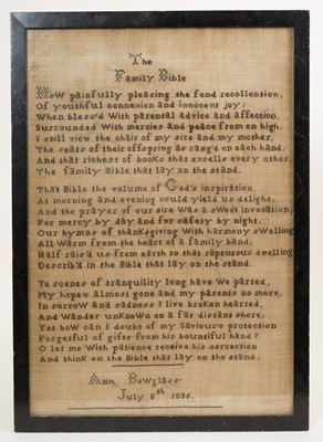 Lot 967 - Methodist type sampler, worked in one colour, dated 1836