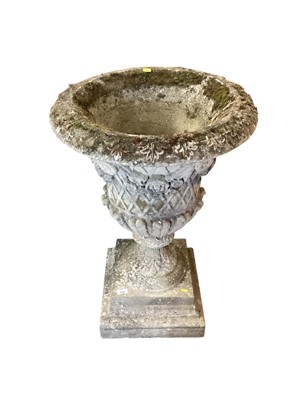 Lot 1449 - Large concrete garden urn on plinth base, 58cm diameter, 90cm high