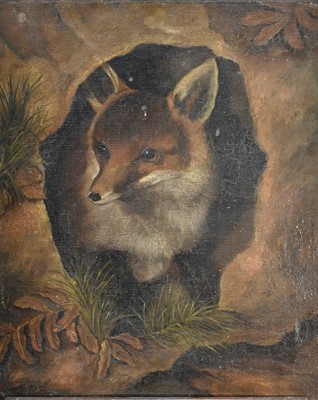 Lot 1215 - Naive School, 19th century, oil on board - a fox emerging from a burrow, 36cm x 29cm, presented on a tabletop easel
