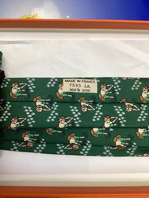 Lot 2088 - Four Hermès silk ties, rice paddy fields 7535 IA, Owl and Moon 7997 EA, ships wheel 7317 EA and stylised flowers 5010 EA, all in Hermes tie boxes with tissue paper, two also in Hermes Christmas...