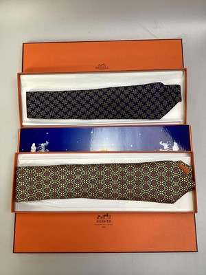 Lot 2088 - Four Hermès silk ties, rice paddy fields 7535 IA, Owl and Moon 7997 EA, ships wheel 7317 EA and stylised flowers 5010 EA, all in Hermes tie boxes with tissue paper, two also in Hermes Christmas...