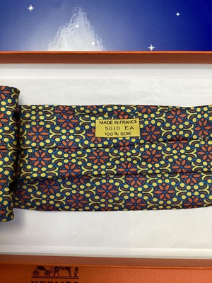 Lot 2088 - Four Hermès silk ties, rice paddy fields 7535 IA, Owl and Moon 7997 EA, ships wheel 7317 EA and stylised flowers 5010 EA, all in Hermes tie boxes with tissue paper, two also in Hermes Christmas...