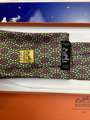 Lot 2088 - Four Hermès silk ties, rice paddy fields 7535 IA, Owl and Moon 7997 EA, ships wheel 7317 EA and stylised flowers 5010 EA, all in Hermes tie boxes with tissue paper, two also in Hermes Christmas...