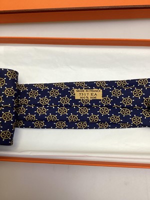 Lot 2088 - Four Hermès silk ties, rice paddy fields 7535 IA, Owl and Moon 7997 EA, ships wheel 7317 EA and stylised flowers 5010 EA, all in Hermes tie boxes with tissue paper, two also in Hermes Christmas...