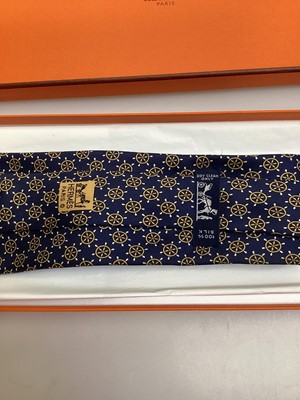 Lot 2088 - Four Hermès silk ties, rice paddy fields 7535 IA, Owl and Moon 7997 EA, ships wheel 7317 EA and stylised flowers 5010 EA, all in Hermes tie boxes with tissue paper, two also in Hermes Christmas...