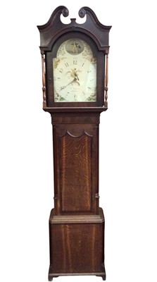 Lot 872 - George III mahogany and fruitwood cross banded longcase clock, by R Musgrave, Dalston, with well painted arched enamel dial, single train movement striking on a bell, with one weight and pendulu...