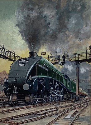 Lot 13 - R. B. Way, 20th century, gouache - A train, 'The Elizabethan' in a Station, signed, 39cm x 28cm, in glazed frame