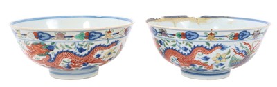 Lot 262 - A pair of Chinese porcelain bowls, Daoguang mark and period, decorated with a dragon and phoenix pattern in the Wucai style, 14.75cm diameter Provenance: brought home by Sir Francis Drum...
