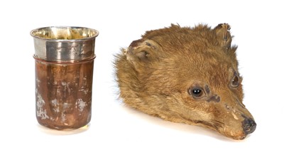 Lot 1171 - Highly unusual Fox mask stirrup cup with removable silver plated cup engraved 'All Friends round the Wrekin', 27cm long