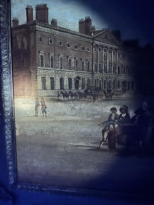 Lot 1301 - Edward Dayes (1763-1804) oil on canvas - Grosvenor Square, circa 1785, 71.5cm x 91.5cm, in fine 'Kent' frame.Provenance: property from Edward Curzon, 6th Earl Howe of Gopsall Park and