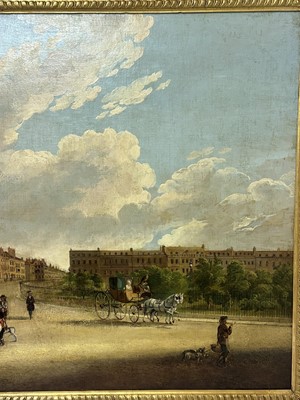 Lot 1301 - Edward Dayes (1763-1804) oil on canvas - Grosvenor Square, circa 1785, 71.5cm x 91.5cm, in fine 'Kent' frame.Provenance: property from Edward Curzon, 6th Earl Howe of Gopsall Park and