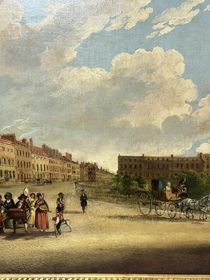 Lot 1301 - Edward Dayes (1763-1804) oil on canvas - Grosvenor Square, circa 1785, 71.5cm x 91.5cm, in fine 'Kent' frame.Provenance: property from Edward Curzon, 6th Earl Howe of Gopsall Park and