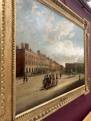 Lot 1301 - Edward Dayes (1763-1804) oil on canvas - Grosvenor Square, circa 1785, 71.5cm x 91.5cm, in fine 'Kent' frame.Provenance: property from Edward Curzon, 6th Earl Howe of Gopsall Park and