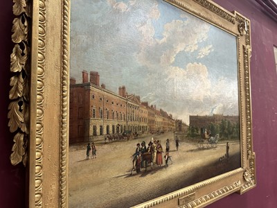 Lot 1301 - Edward Dayes (1763-1804) oil on canvas - Grosvenor Square, circa 1785, 71.5cm x 91.5cm, in fine 'Kent' frame.Provenance: property from Edward Curzon, 6th Earl Howe of Gopsall Park and