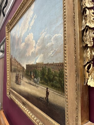 Lot 1301 - Edward Dayes (1763-1804) oil on canvas - Grosvenor Square, circa 1785, 71.5cm x 91.5cm, in fine 'Kent' frame.Provenance: property from Edward Curzon, 6th Earl Howe of Gopsall Park and
